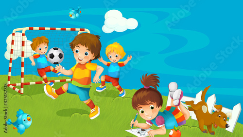 cartoon farm ranch with meadow with boy playing football and girl with space for text illustration