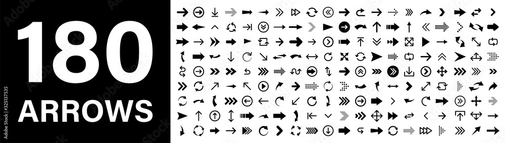 Arrows big black set of 180 icons. Arrow icon. Arrow vector collection. Arrow. Cursor. Modern simple arrows. Vector illustration. Arrows big black set of 180 icons. Arrow icon. Arrow vector collection. Arrow. Cursor. Modern simple arrows. Vector illustration.