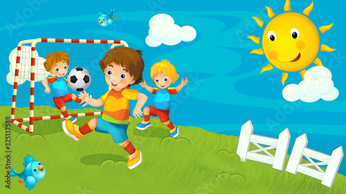 cartoon farm ranch with meadow with boy playing football with space for text illustration