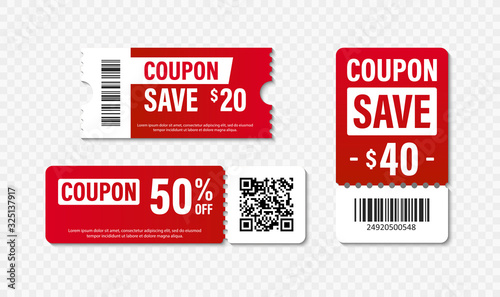 Set of Template Coupon. Gift Coupon element template, graphics design. Voucher promo code. Shopping, marketing, food and drink, business. Vector illustration.