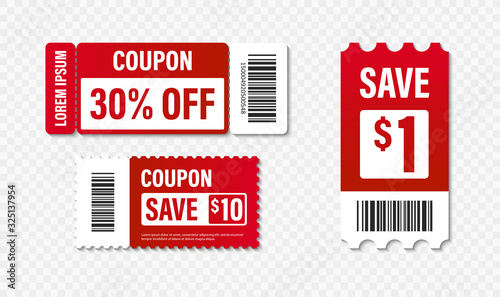 Set of Template Coupon. Gift Coupon element template, graphics design. Voucher promo code. Shopping, marketing, food and drink, business. Vector illustration.