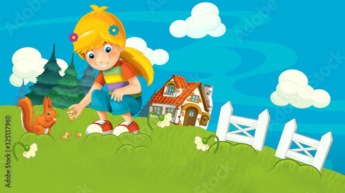 Fototapeta Naklejka Na Ścianę i Meble -  cartoon farm ranch with meadow with girl with space for text illustration