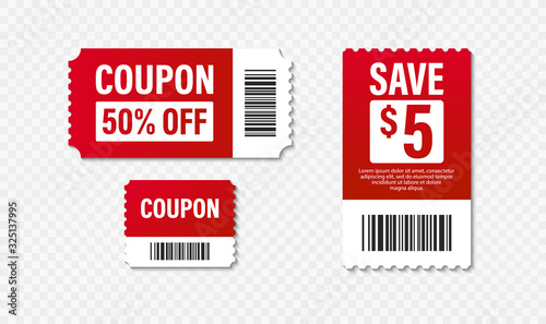 Set of Template Coupon. Gift Coupon element template, graphics design. Voucher promo code. Shopping, marketing, food and drink, business. Vector illustration.