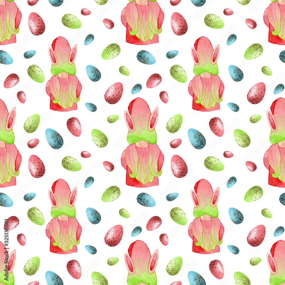 Easter seamless pattern with watercolor bunny gnomes and eggs. Easter seamless pattern with watercolor bunny gnomes and eggs.