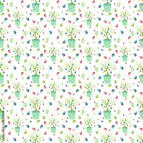 Seamless easter pattern with watercolor hand-drawn easter tree and eggs.
