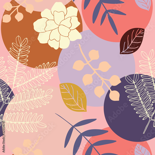 Abstract colorful seamless repeat pattern with leaves and flowers. Background with circles in modern style. Perfect for summer decoration.