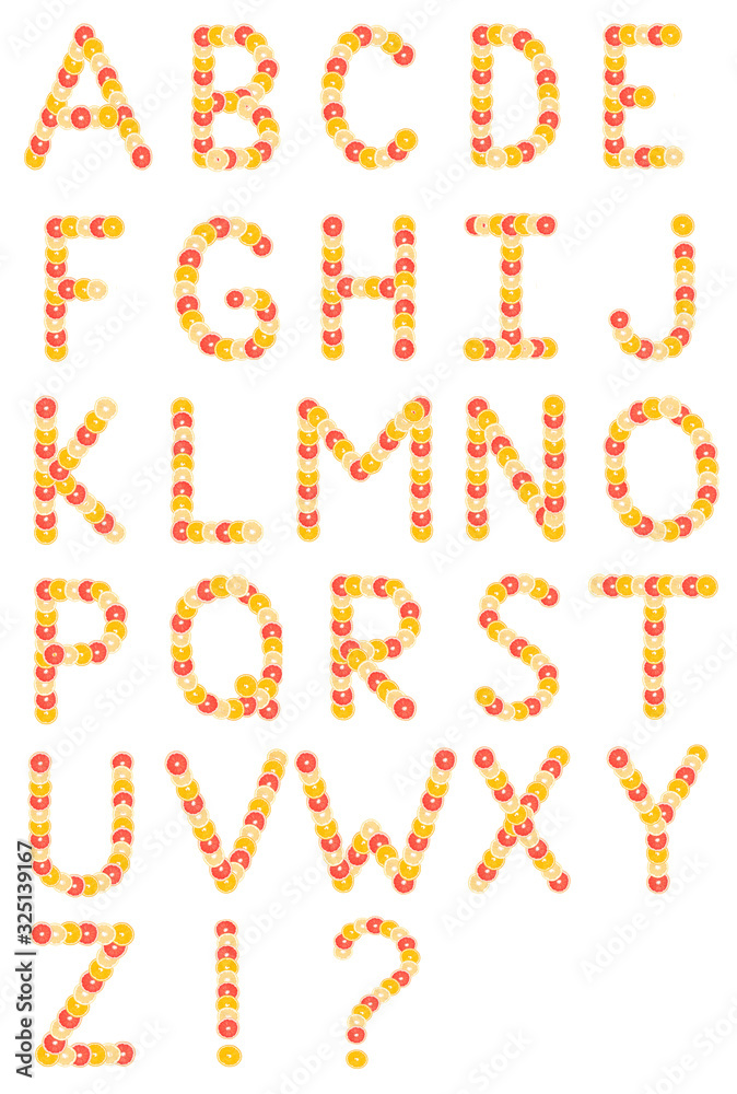 Alphabet made from sliced citrus fruits. Oranges, grapefruits. Isolated on a white background Alphabet made from sliced citrus fruits. Oranges, grapefruits. Isolated on a white background