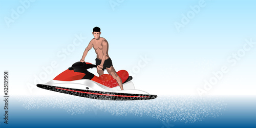 Handsome tanned young man on a jet ski