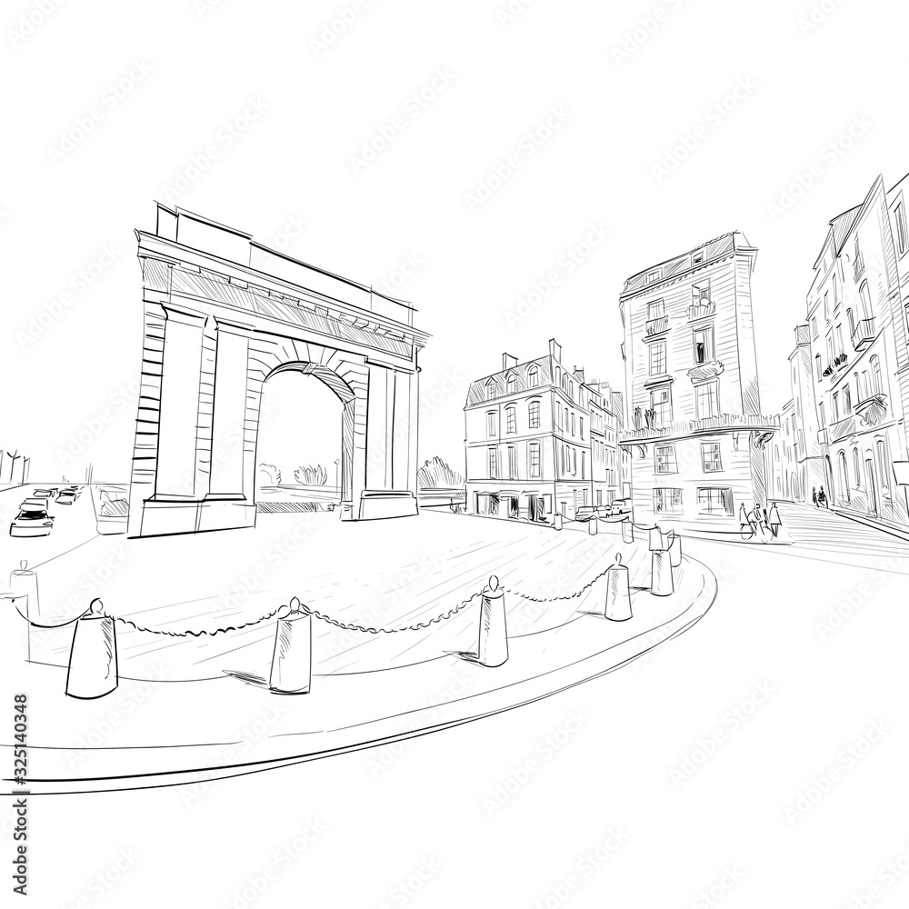 Gate of Burgundy. Bordeaux. France. Hand drawn sketch. Vector illustration.
