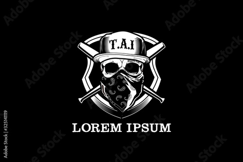Black and White Skull head wear hat and bandana with baseball bat vector logo