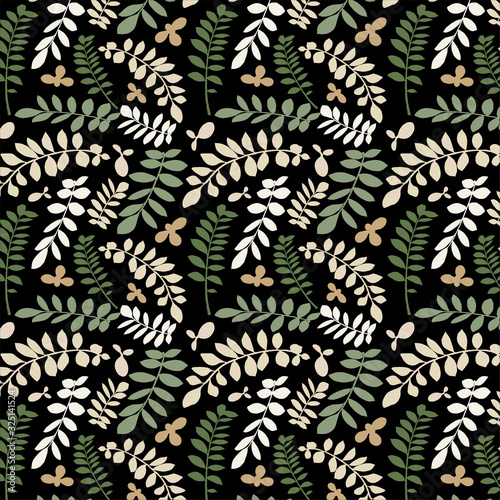 Leaves on black background .Design for print, textile, fabric, fashion, interior, wrapping paper.Seamless illustration