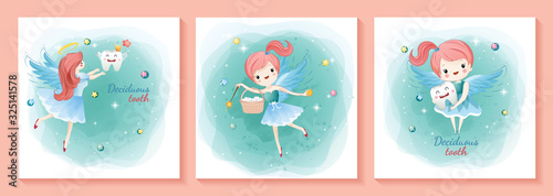 Tooth Fairy and happy deciduous teeth cute cartoon, oral dental hygiene, children's dentistry concept. Vector Illustration
