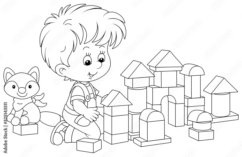 Little boy smiling, playing with bricks and constructing a toy fortress for a game, black and white vector cartoon illustration for a coloring book page