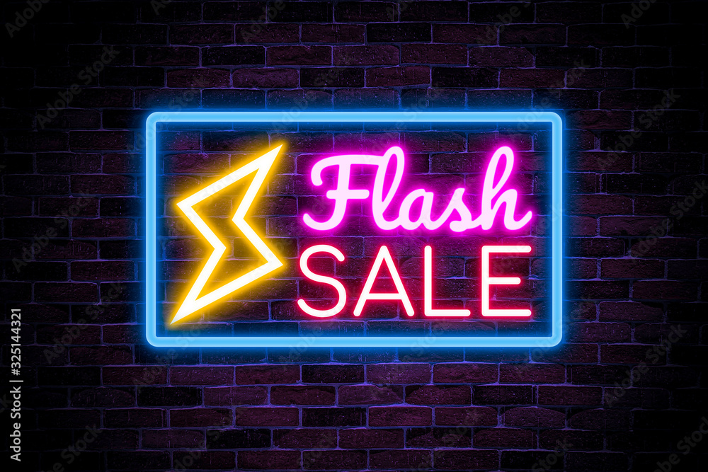 Obraz premium Flash sale neon banner, night bright advertising, light banner. for discount.