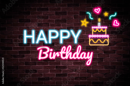 Happy Birthday neon banner, celebrate card invitation,night bright advertising, light banner.