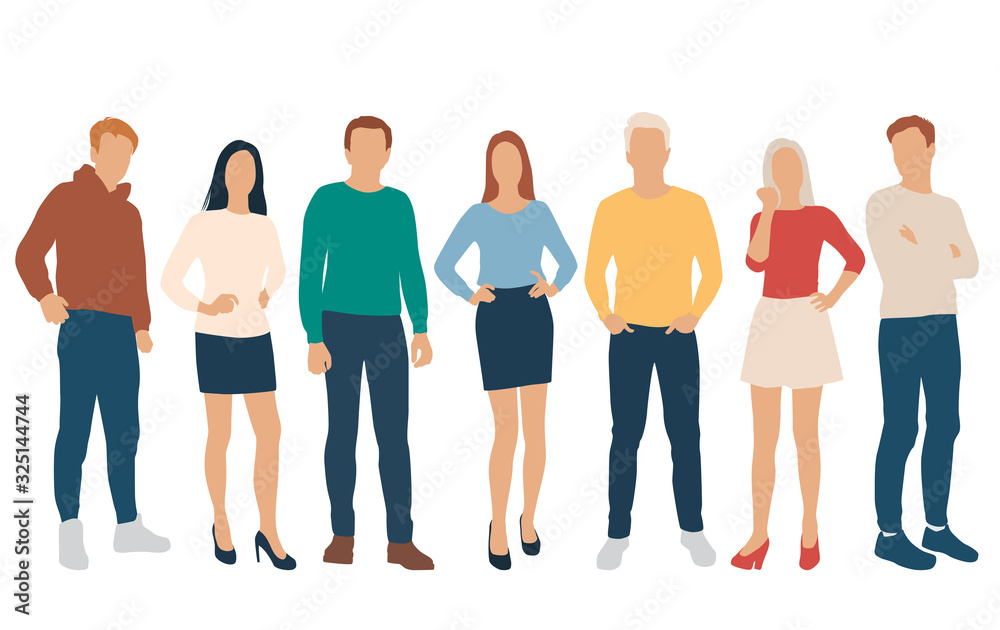 Obraz premium Set of men and women, different colors, cartoon character, group of silhouettes standing business people, flat icon design concept isolated on white background