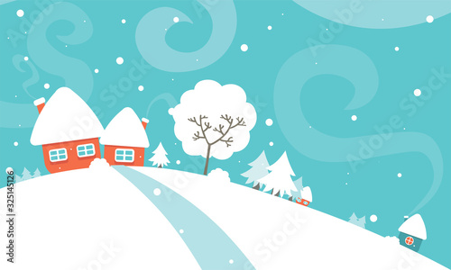 Winter Christmas New Year banner with houses snow slides sleighs and Santa-04