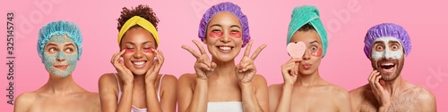 Set of various women applies undereye patches, man with clay nourishing mask, attend beauty salon, being in good mood, stand half naked against pink background. Face treatment and wellness concept
