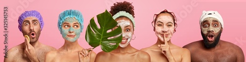 Collage of women and men care about complexion, apply facial masks, stand with bare shoulders, stand against pink background. Beauty treatment, grooming and wellbeing concept. Set of people.