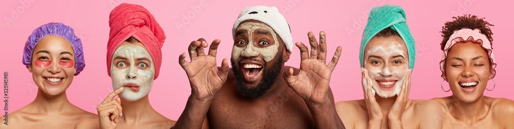 Plyaful bearded man with clay mask, raises palms and feel glad, four women pose near, apply patches under eyes, wash faces, visit spa salon, stand naked, isolated over rosy background. Collage shot Plyaful bearded man with clay mask, raises palms and feel glad, four women pose near, apply patches under eyes, wash faces, visit spa salon, stand naked, isolated over rosy background. Collage shot