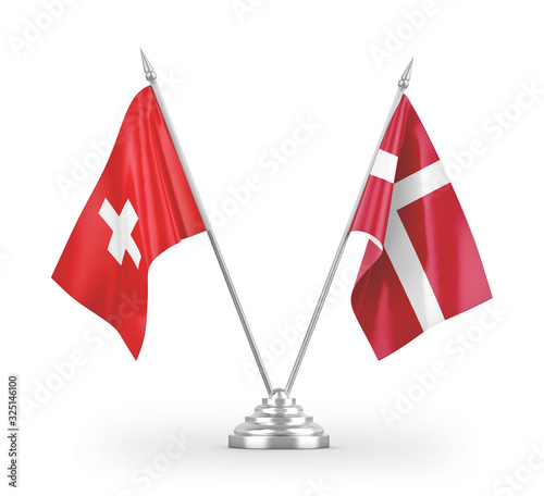 Denmark and Switzerland table flags isolated on white 3D rendering photo