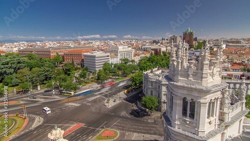 Aerial view of Cibeles fountain at Plaza de Cibeles in Madrid timelapse in a beautiful summer day, Spain