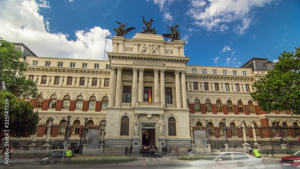 beautiful government palace facade the Ministry of Agriculture building timelapse hyperlapse is placed close to the Atocha railway station in Madrid, Spain.