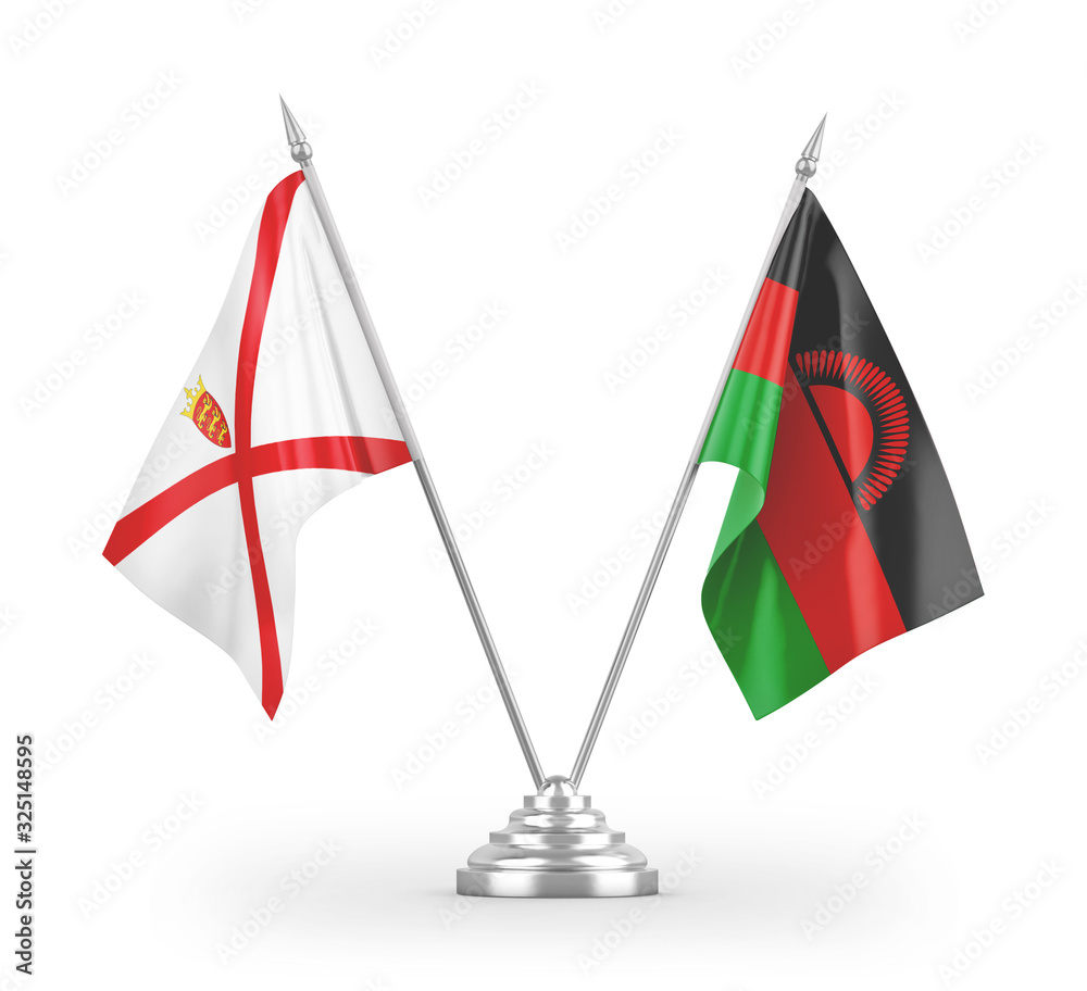Malawi and Jersey table flags isolated on white 3D rendering Malawi and Jersey table flags isolated on white 3D rendering