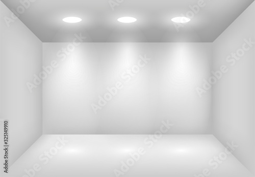Realistic 3d white light box with spotlights or projector. Showroom illumination. Lightbox background for show, exhibition. Studio interior blank and empty template.