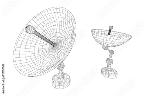 Directional radio antenna with satellite dish. Astronomy radio telescope. Wireframe low poly mesh vector illustration