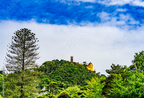 View on The Pena National Palace on front of hill in Sintra, Portugal