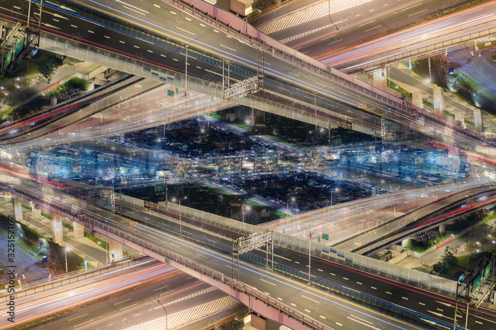 Fototapeta premium Traffic Aerial View - Traffic concept image, birds eye daytime view use the drone in Taipei, Taiwan.