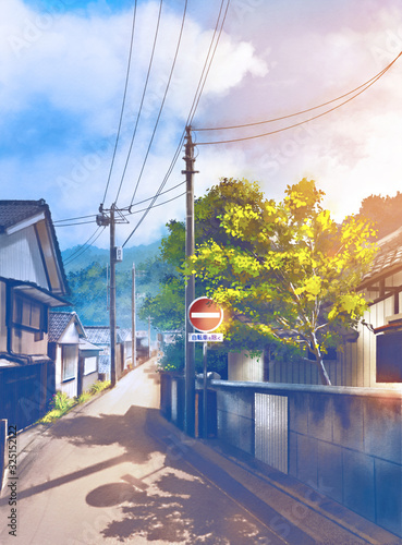 Digital image drawing alley in Japan With houses, trees, electricity poles, traffic signs.