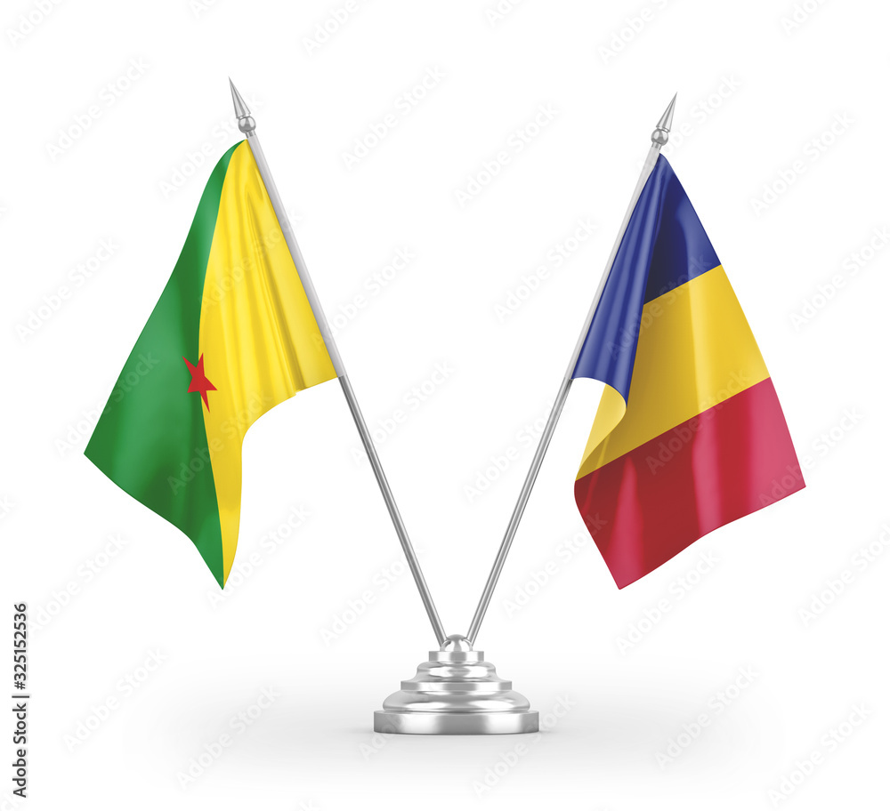 Romania and French Guiana table flags isolated on white 3D rendering