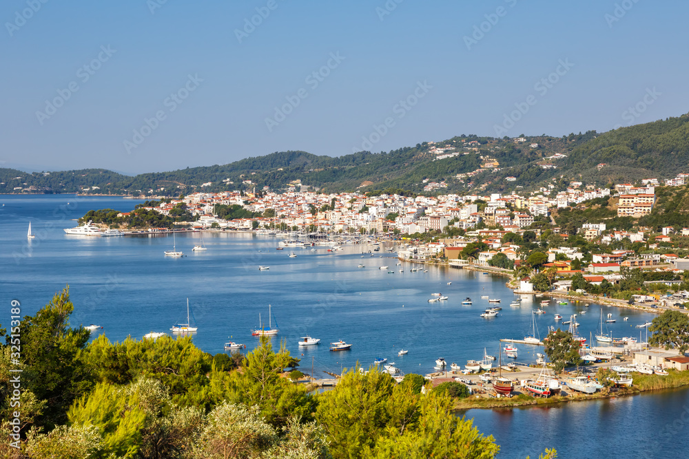 Skiathos island Greece port harbor city overview town landscape Mediterranean Sea travel