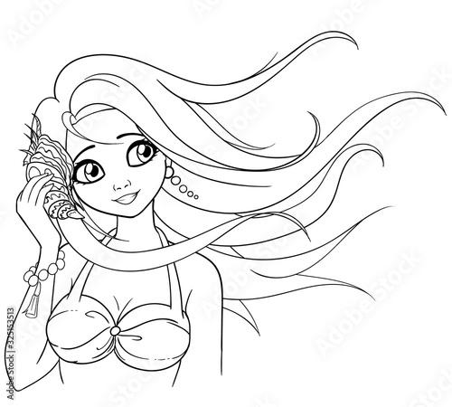 Girl holds a seashell. Woman wearing swimsuit and pearl earrings. Vector Eps 10. Can be used for coloring book  T-shirt  tattoo  print and cards. Black and white colors.