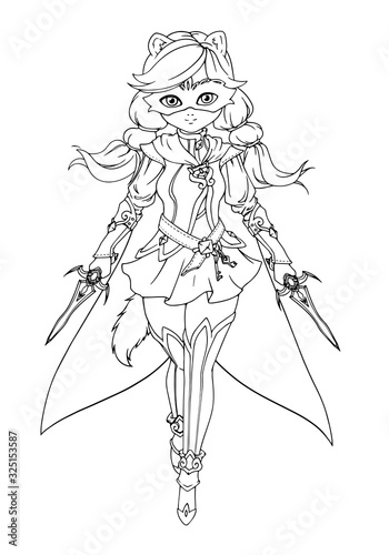 Fantasy cartoon girl with cat earrings and tail. Hand drawn vector illustration. Can be used for coloring books, games, tattoo, cards etc.