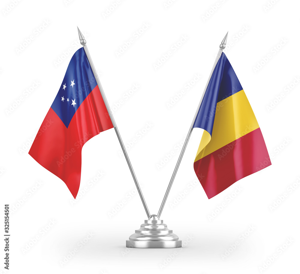 Romania and Samoa table flags isolated on white 3D rendering Romania and Samoa table flags isolated on white 3D rendering