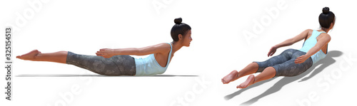 Back and Right Profile Poses of a virtual Woman in Yoga Locust Pose