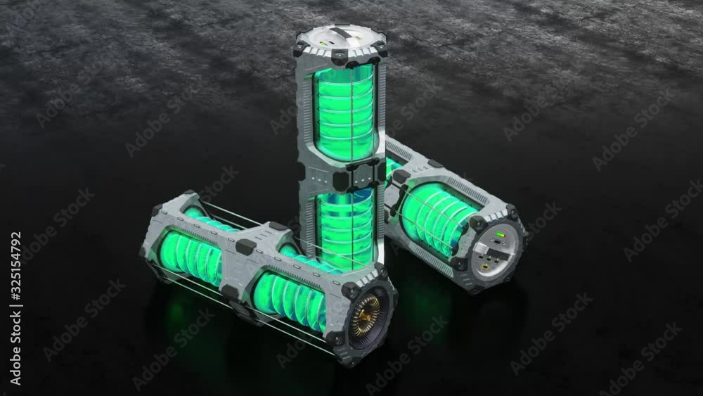 3 SciFi Hexagonal Power Tank including a green transculent cylinder put on a dark floor 3 SciFi Hexagonal Power Tank including a green transculent cylinder put on a dark floor