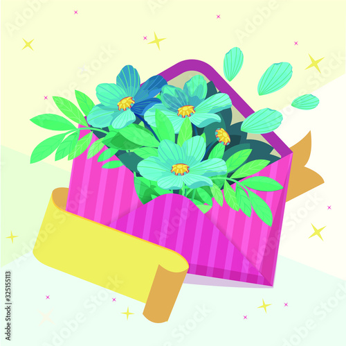 Pink greetings letter with flowers and ribbon