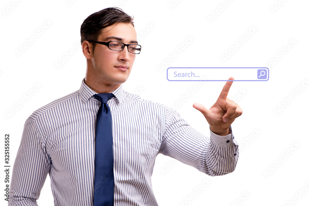 Search concept with businessman pressing button Search concept with businessman pressing button