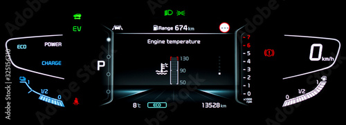 Modern LCD instrument cluster with fully digital engine temperature gauge in center. Illuminated car dashboard panel with speedometer, tachometer, fuel gauge, gear position indicator in hybrid vehicle