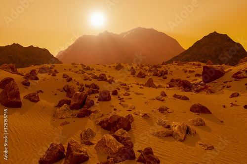 a stony desert on the red planet mars (3d rendering)