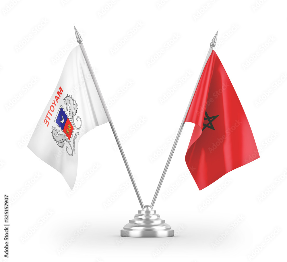 Morocco and Mayotte table flags isolated on white 3D rendering Morocco and Mayotte table flags isolated on white 3D rendering