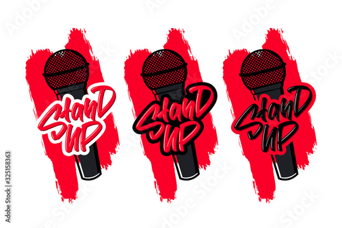 Stand Up hand drawn modern brush lettering text with microphone. Vector illustration logo for print and advertising.