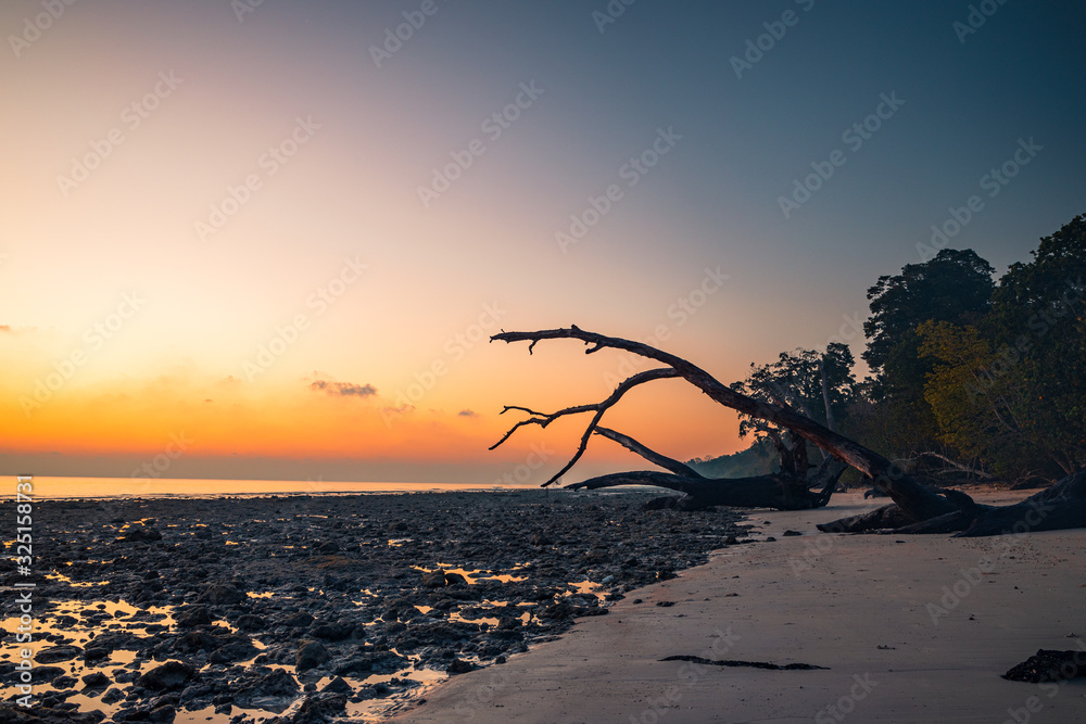 Sunrise on Kala Pathar beach in the Andaman and Nicobar Islands, India. Popular place to watch the sunrise on Havelock island (Swaraj Dweep). 