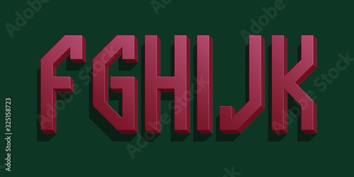 F, G, H, I, J, K red volumetric letters. Urban 3d retro font.
