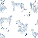 Cheetah hand drawn vector seamless pattern. Wild exotic cat sketch backdrop. Jaguar blue ink drawing. Animalistic textile print, leopard wallpaper design