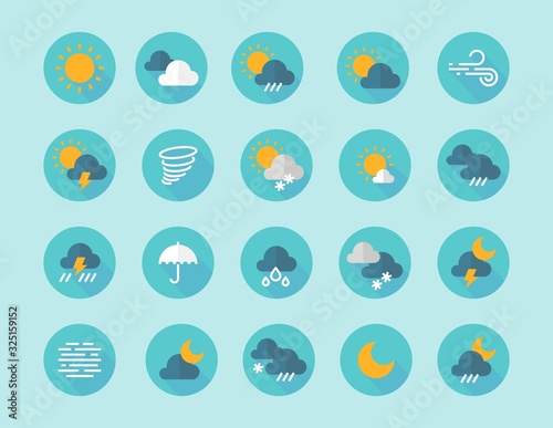 Weather flat icons. Interface infographic elements with sun clouds rain fog wind symbols. Vector flat icon set in blue color with silhouette freeze lightning hail wind